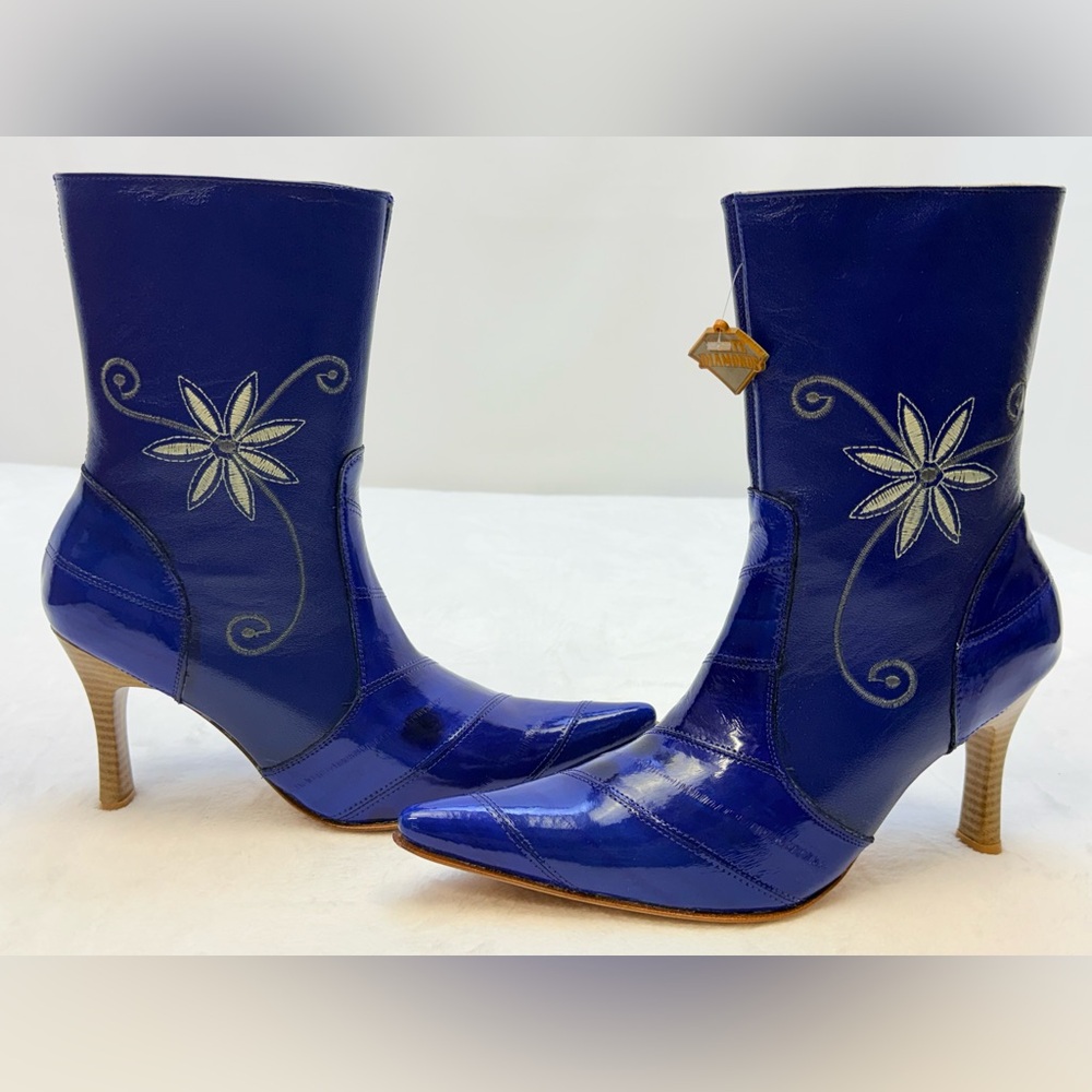 Patent Blue Floral Embroidered Pointed-Toe Women's Heeled Boots